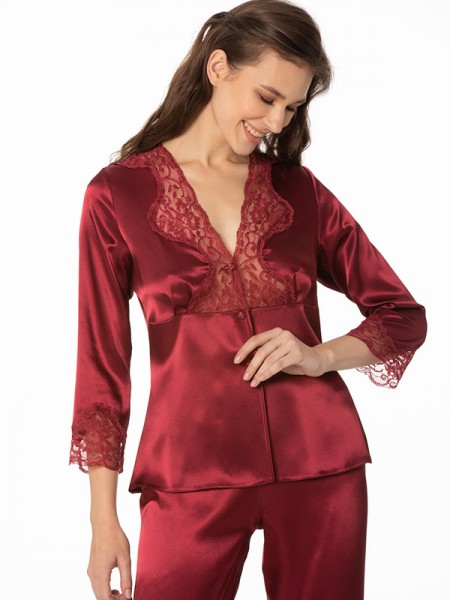 Pierre Cardin 1110 BORDO Saten Dantelli Pijama Takımı Pierre Cardin 1110 BORDO Saten Dantelli Pijama Takımı