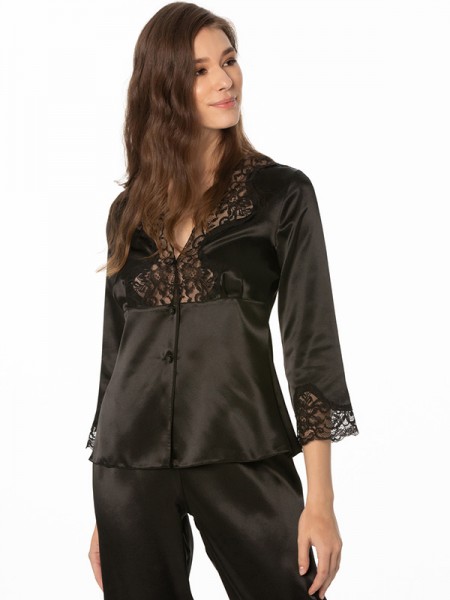 Pierre Cardin 1110 SİYAH Saten Dantelli Pijama Takımı