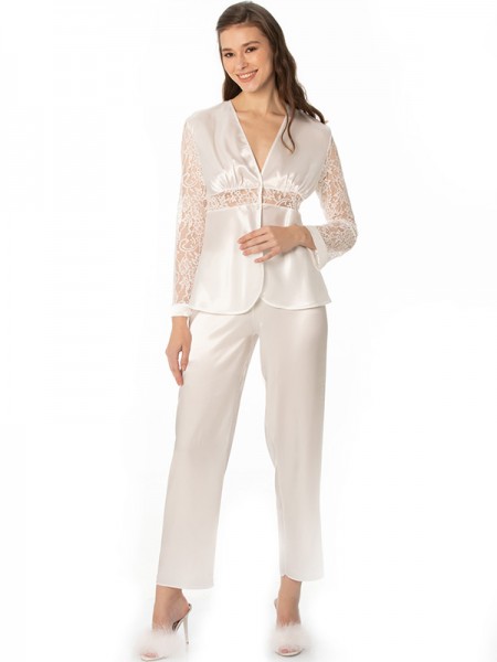 Pierre Cardin 1121 EKRU Saten Dantelli Pijama Takımı