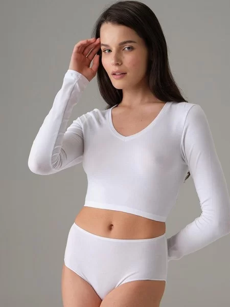 Doreanse 8503 Modal V Yaka Uzun Kol Crop Tişört